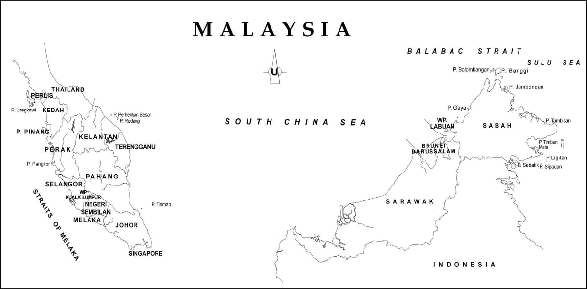 mapa de contorn mapa de malàisia amb les fronteres estatals